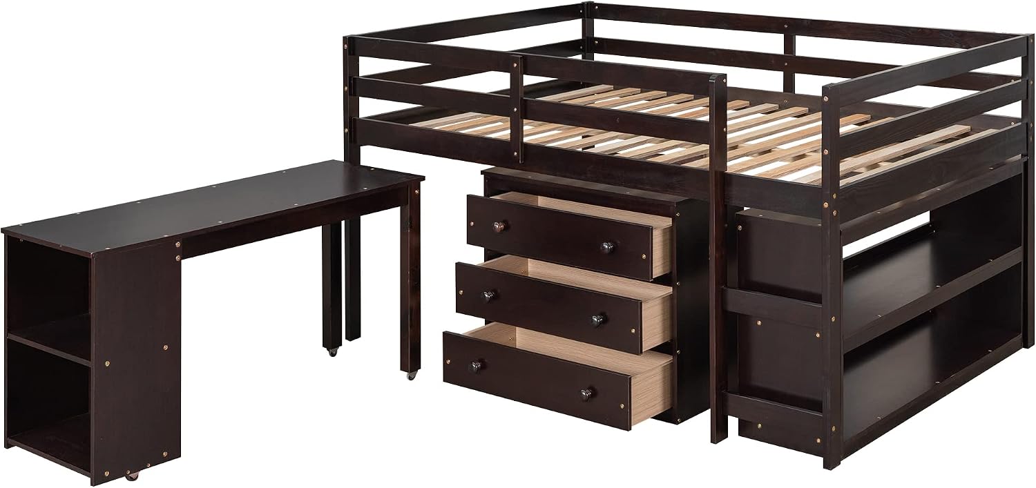 Bellemave Low Loft Bed with Desk and Dresser Full Size, Wood Kids Loft Beds Frame with Cabinet & Storage Shelves & Rolling Portable Desk for Juniors, Teen, Boys, Girls, Espresso