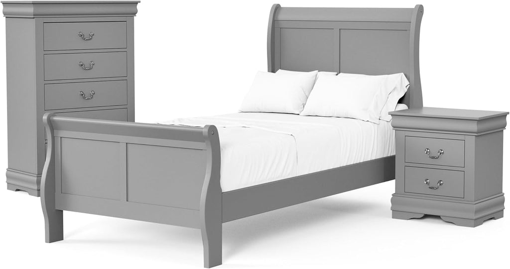 Furniture of America Louis Philippe Traditional Solid Wood 3 Piece Bedroom Set, Bed Frame, Nightstand, and Chest, Sleigh Design Bedframe with Headboard and Footboard, Box Spring Needed, Twin, Gray