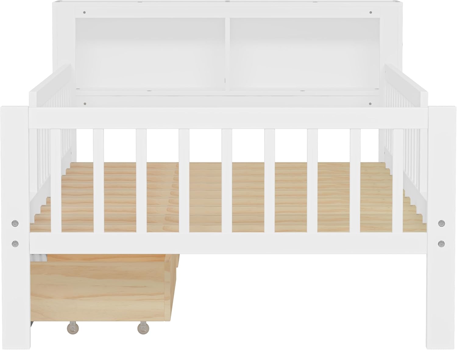 VilroCaz Wood Twin Size Platform Bed with Safety Fence for Kids Boys Girls, Platform Bed Frame with Practical Headboard and 2 Under-Bed Drawers, Sturdy Slats Support (White-3.15)