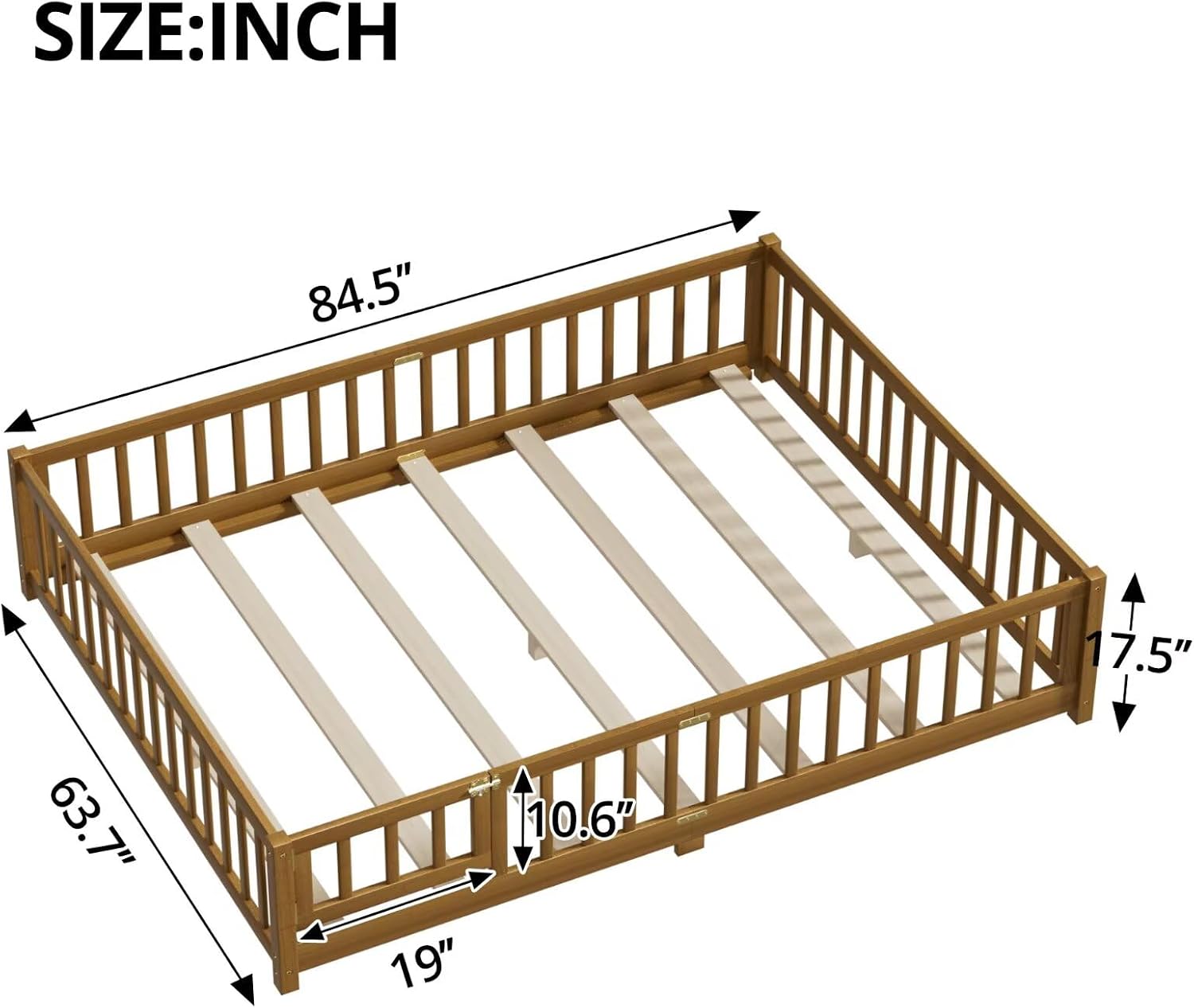 i-POOK Queen Floor Bed Frame with Wood Slats, High Fence & Small Door, Pinewood Montessori Floor Bed for Girls and Boys,Light Espresso