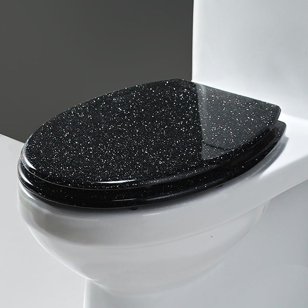 Glitter Toilet Seat Round 16.5 Inch Quick Release Toilet Seats Cover with Slow Close Toilet Lid, Non-Slip Lid, Easy Installation Resin Safe Material (Black)