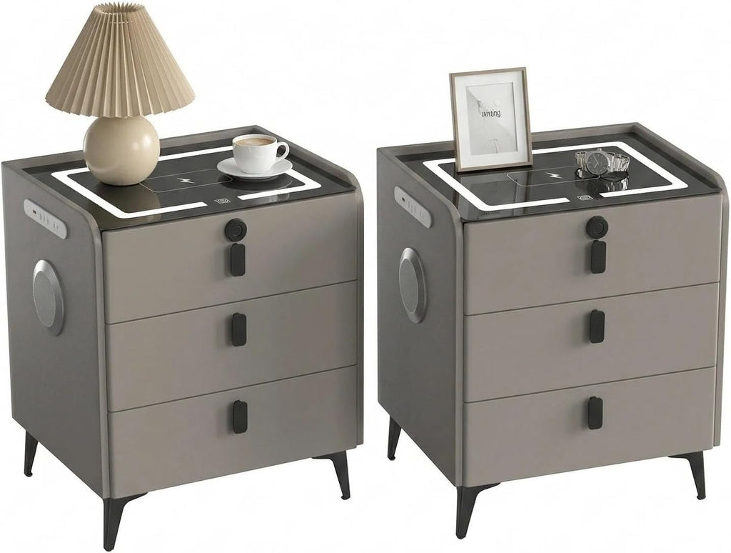 LED Nightstands Set of 2, Night Stands for Bedroom with Charging Station and Fingerprint Lock, Bedside Table with Power Outlets & 3 Drawers No Assembly Modern End Side Table (Grey)