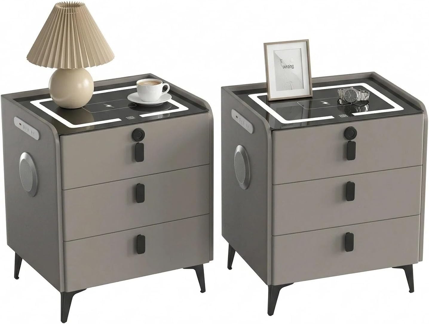 LED Nightstands Set of 2, Night Stands for Bedroom with Charging Station and Fingerprint Lock, Bedside Table with Power Outlets & 3 Drawers No Assembly Modern End Side Table (Grey)