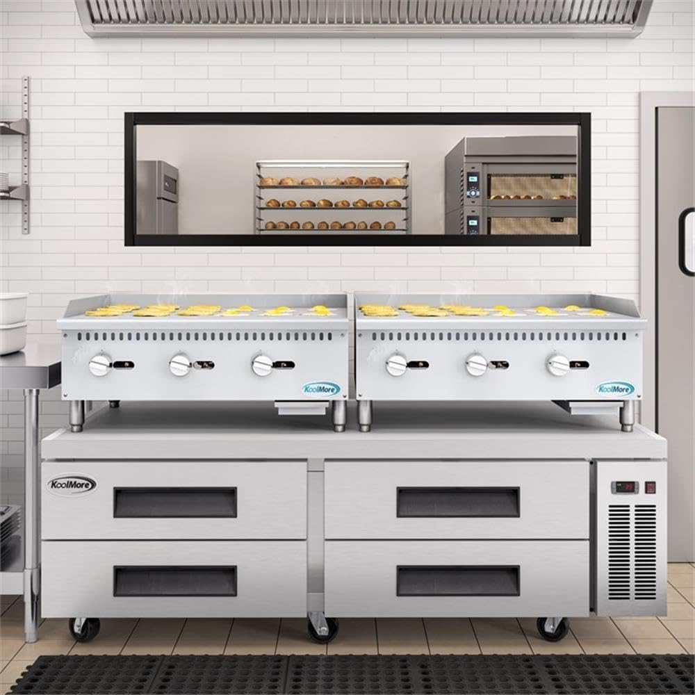 Pemberly Row 36-Inch Natural Gas Griddle, 3-Burner, 90000 BTU, Stainless Steel Construction, Adjustable Temperature, Drip Tray, Heavy Duty Flat Top Countertop Griddle for Restaurants or Food Trucks
