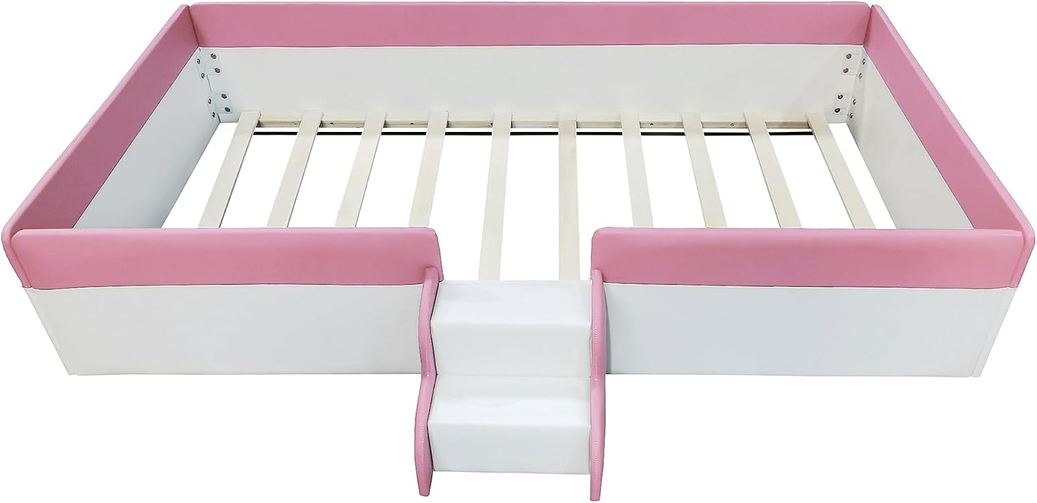 VilroCaz Twin Size Upholstered Daybed Frame with Fence and Stairs, Montessori Kids Floor Bed with Sturdy Slat Support for Kids Boys Girls