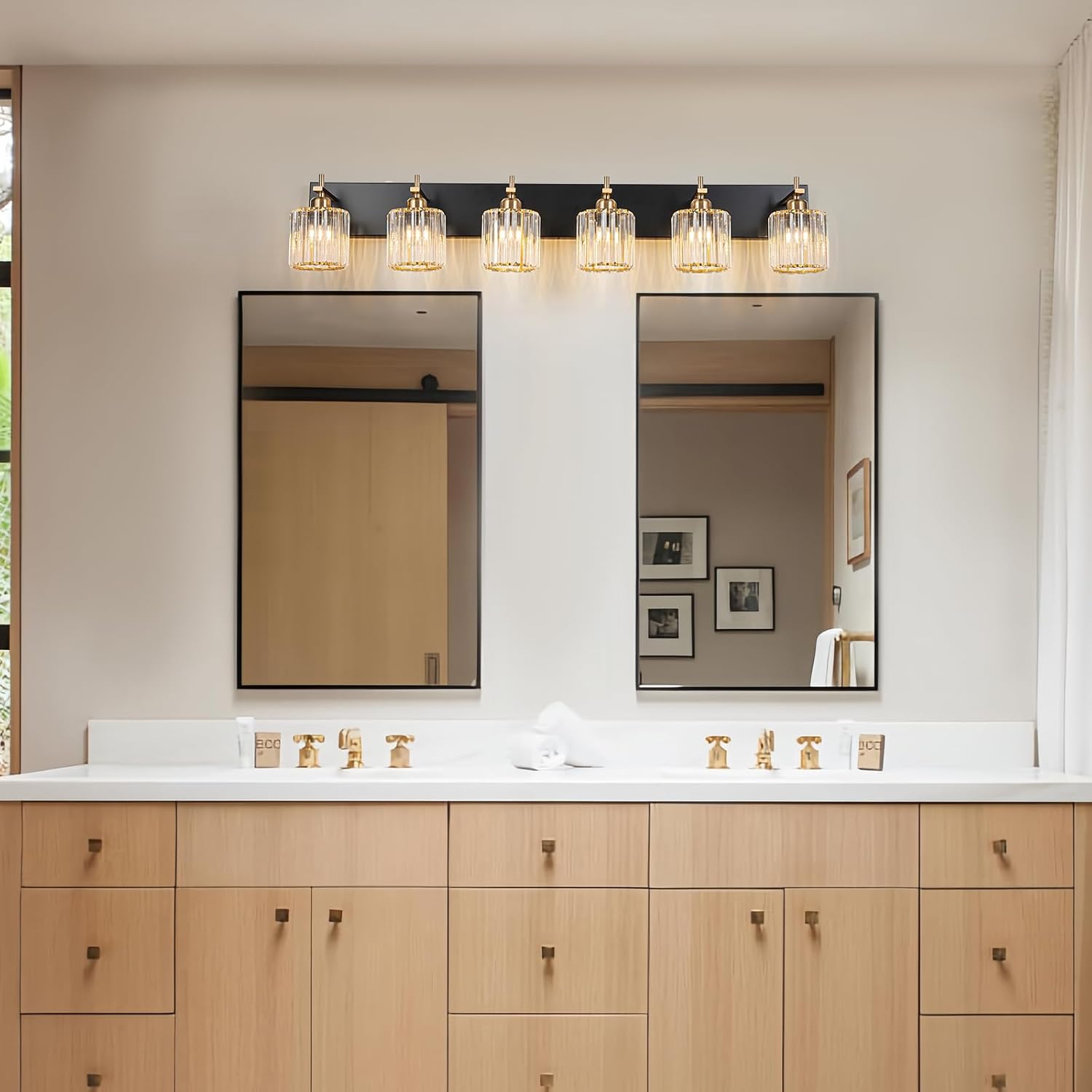 6-Light Crystal Bathroom Vanity Light, Modern Black Gold Bathroom Light Fixtures Over Mirror Crystal Wall Lighting with Polished Gold Finish