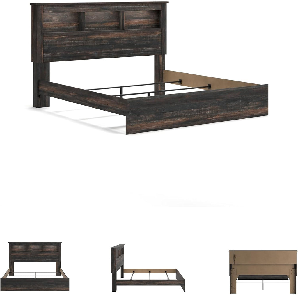Signature Design by Ashley Drystan Rustic King Bookcase Bed with Open Cubbies and LED Lights, Foundation or Box Spring Needed, Dark Brown & Gray