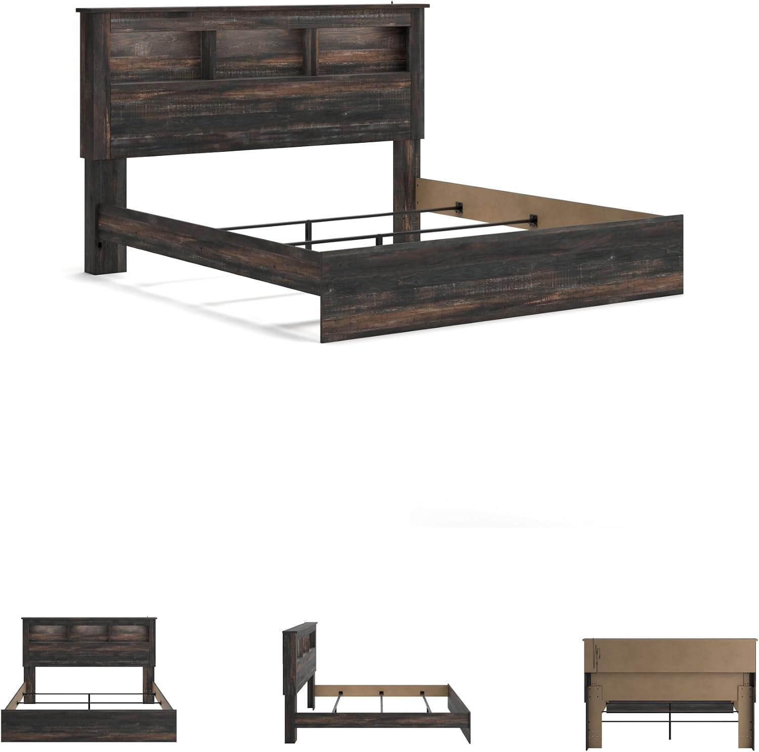 Signature Design by Ashley Drystan Rustic King Bookcase Bed with Open Cubbies and LED Lights, Foundation or Box Spring Needed, Dark Brown & Gray