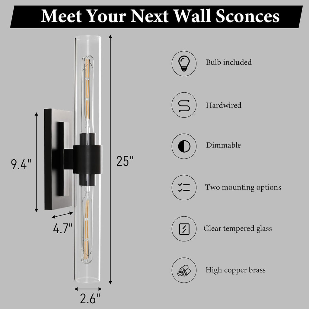 Black Brass Bathroom Wall Sconce - Modern Linear Light Sconces - Dimmable Lighting Fixtures - Vertical or Horizontal Mounted Clear Glass Tube Vanity Lights for Indoor Living Room Hallway
