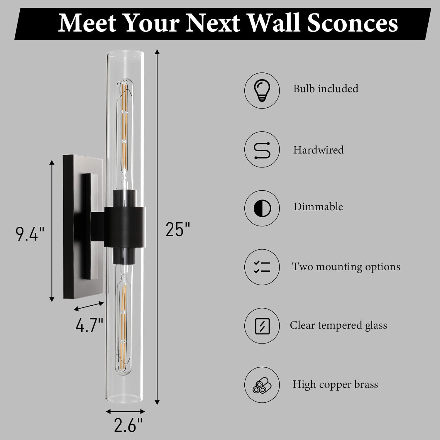 Black Brass Bathroom Wall Sconce - Modern Linear Light Sconces - Dimmable Lighting Fixtures - Vertical or Horizontal Mounted Clear Glass Tube Vanity Lights for Indoor Living Room Hallway