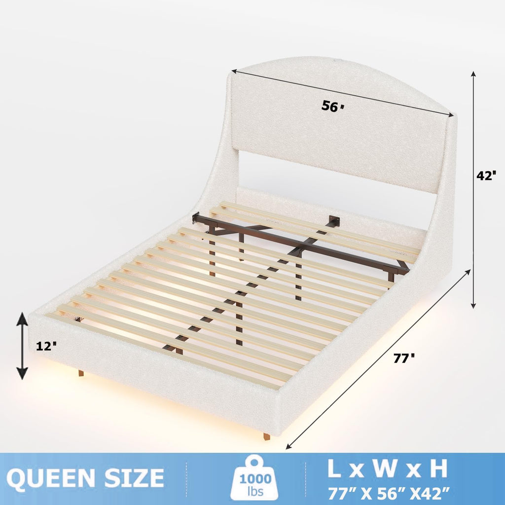 Ailisite Full Size Floating Bed Frame with LED Lights and Charging Port, Visual Floating LED Bed Frame with Curved Cloud Headboard, White Boucle Upholstered Platform Bed, Heavy Duty