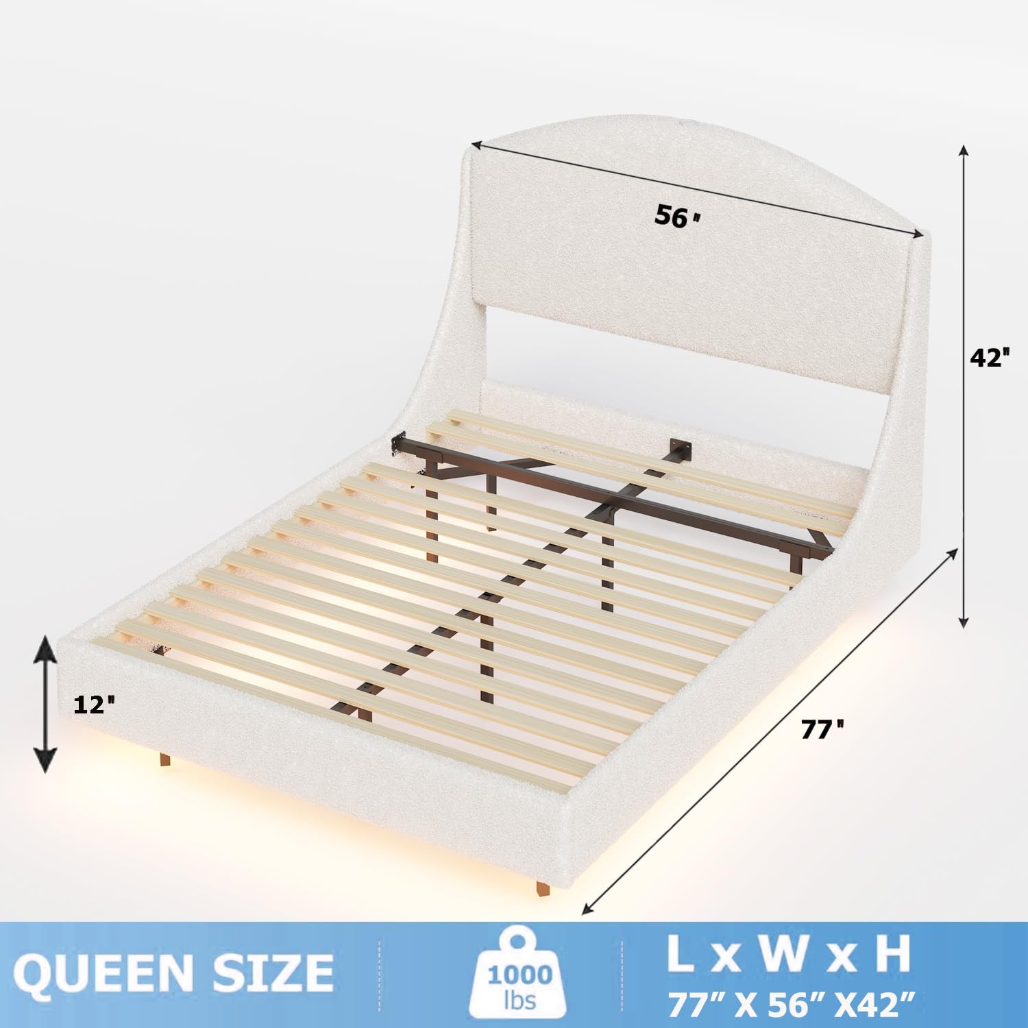 Ailisite Full Size Floating Bed Frame with LED Lights and Charging Port, Visual Floating LED Bed Frame with Curved Cloud Headboard, White Boucle Upholstered Platform Bed, Heavy Duty