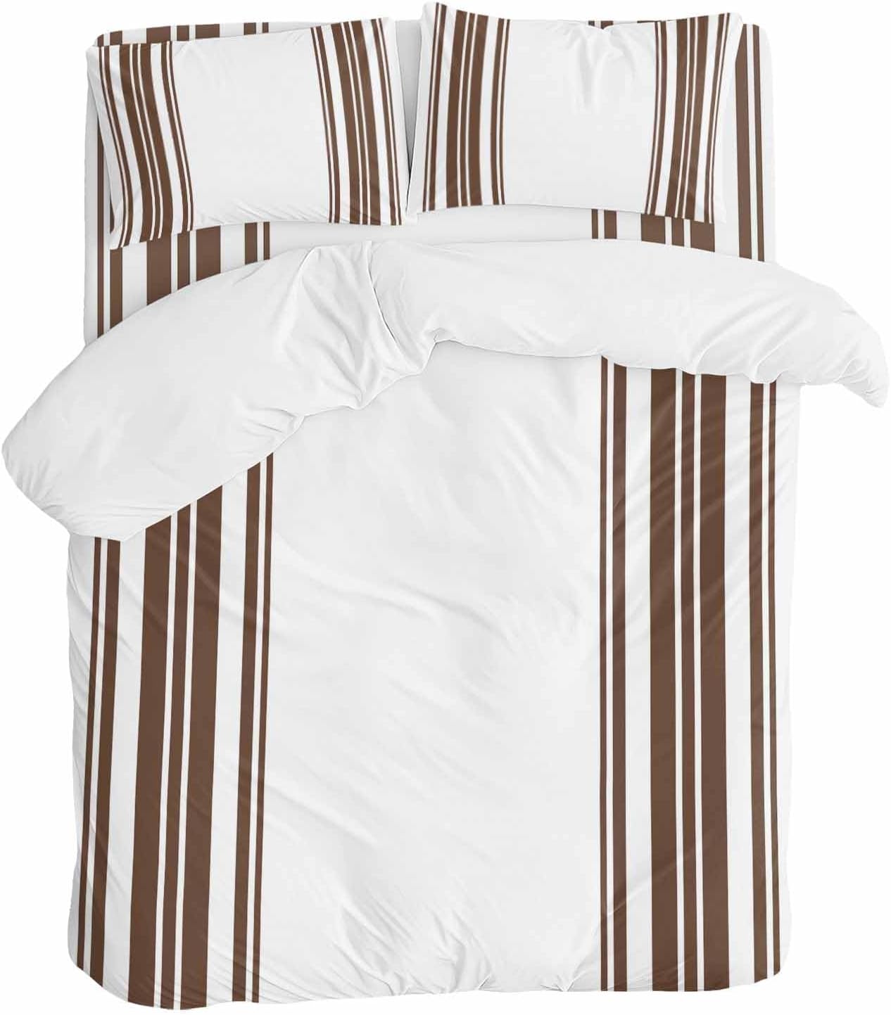 Dark Brown and White Striped Duvet Cover Set Queen Size 4 Pieces Modern Minimalist Vertical Lines Bedding Set with Zipper Closure, 1 Comforter Cover 90x92 Inches 1 Flat Sheet & 2 Pillow Cases