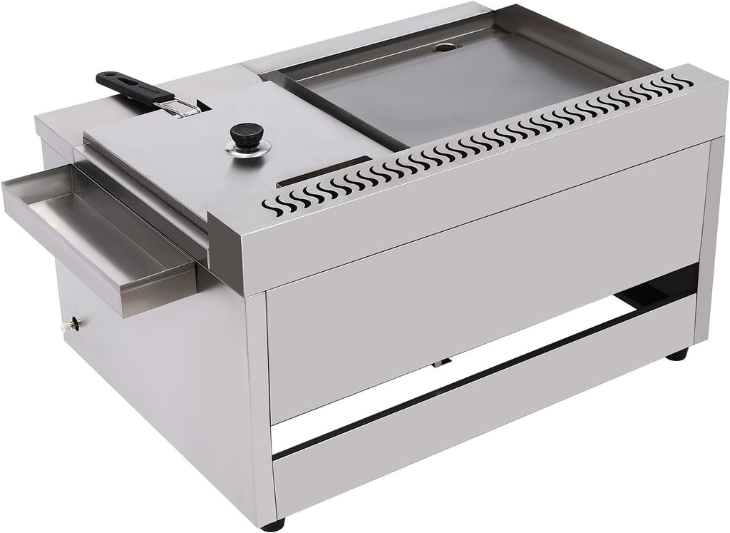 Commercial Deep Fryer with Griddle, Gas Propane Flat Top Griddle & Countertop Deep Gas Fryer, Outdoor Multi-function Griddle with Basket & Lid Restaurant Home Kitchen