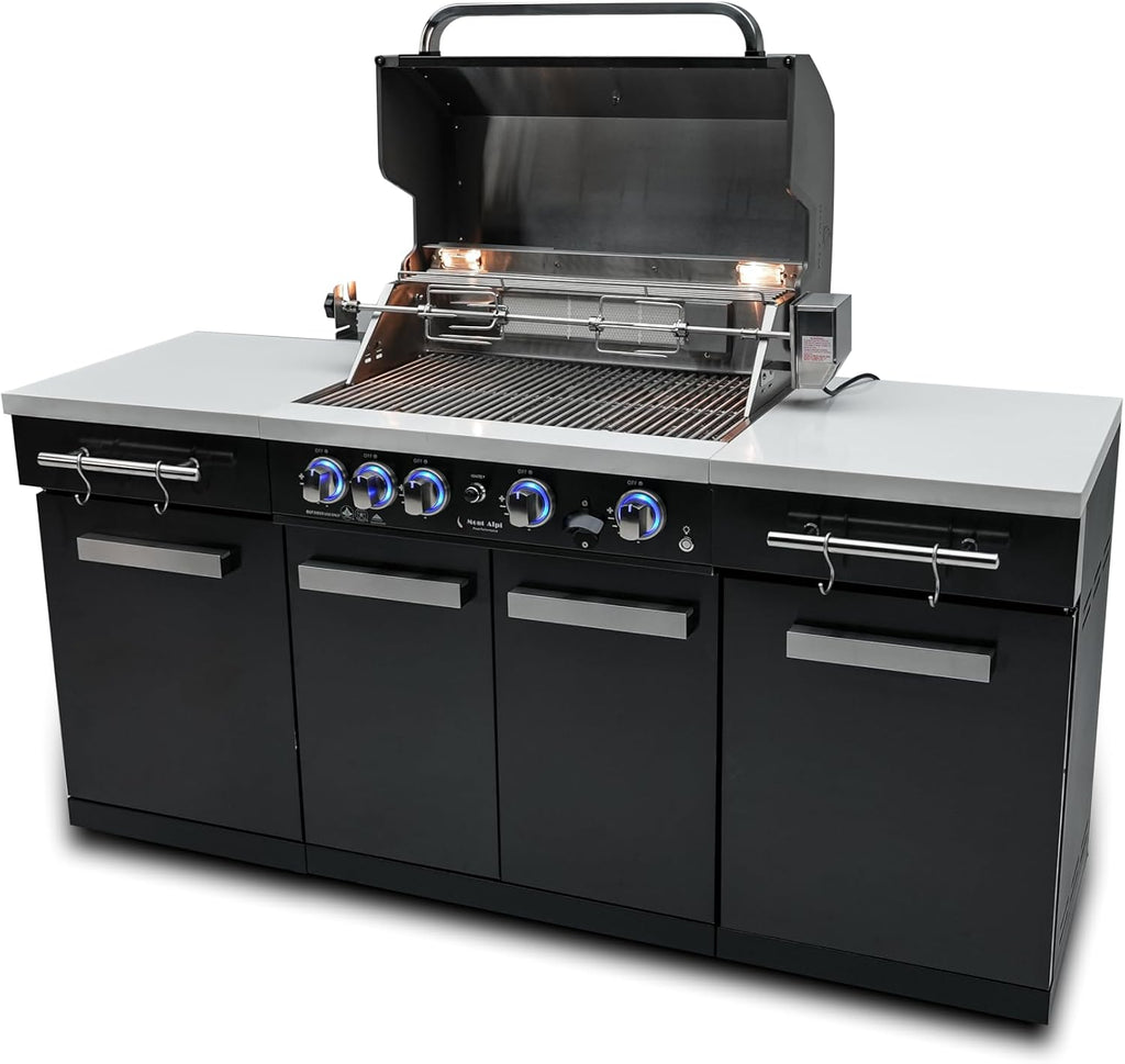 Mont Alpi Premium 70'W Black Stainless Steel Compact Outdoor Kitchen Island with 32'W 4-Burner BBQ Gas Grill + Universal Flat Top Griddle + Pizza Peel + Cleaning Brush + Spatulas + Tongs + Scraper