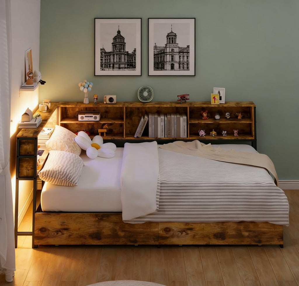 Bellemave Twin Corner Bed Frame with Storage, Twin Size Captains Bed with Charging Station and LED Light, Wood Daybeds with L-Shaped Bookcase and 2 Drawers, Brown