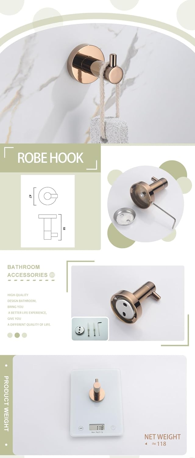 Rose Gold Bathroom Accessories 304 Stainless Steel Towel Rack Toilet Roll Paper Tissue Holder Double Cup Towel Bar Hooks,2 PCS Single Hooks