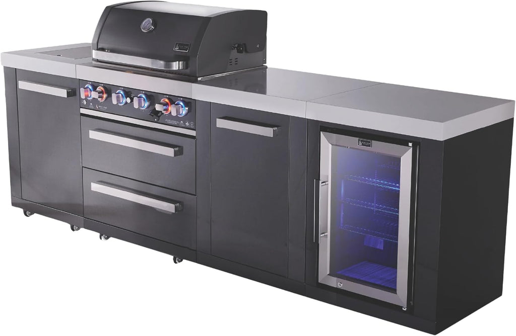Mont Alpi Premium 107'W x 23'D x 46'H Black Stainless Steel Outdoor Kitchen Island with Refrigerator + 32'W 4-Burner BBQ Grill + Granite Countertops + Storage Drawers + Cabinets + Rotisserie + Cover