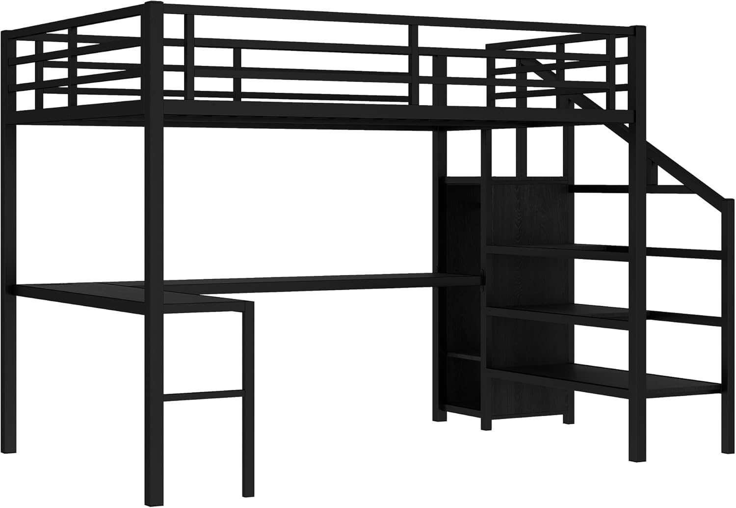 Bellemave Metal Queen Size Loft Bed with Desk and Storage Stairs,Heavy Duty Loft Bed Frame Queen Size with LED Lights,Wardrobe and Charging Station for Kids,Teens,Adults,Black