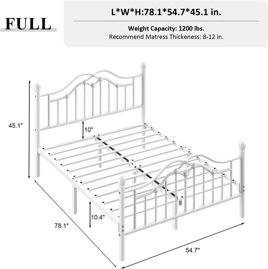 LOEWAY Full Metal Bed Frame with Classical Headboard and Footboard, Platform Bed Frame with Sturdy Metal Slats Support, Adequate Under Bed Storage, No Box Spring Needed, Easy Assembly, White