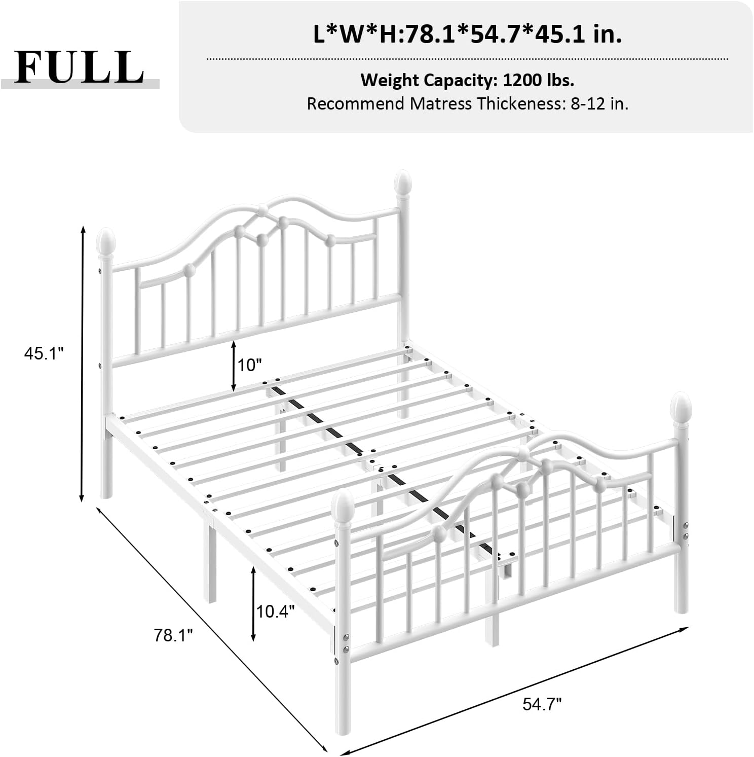 LOEWAY Full Metal Bed Frame with Classical Headboard and Footboard, Platform Bed Frame with Sturdy Metal Slats Support, Adequate Under Bed Storage, No Box Spring Needed, Easy Assembly, White