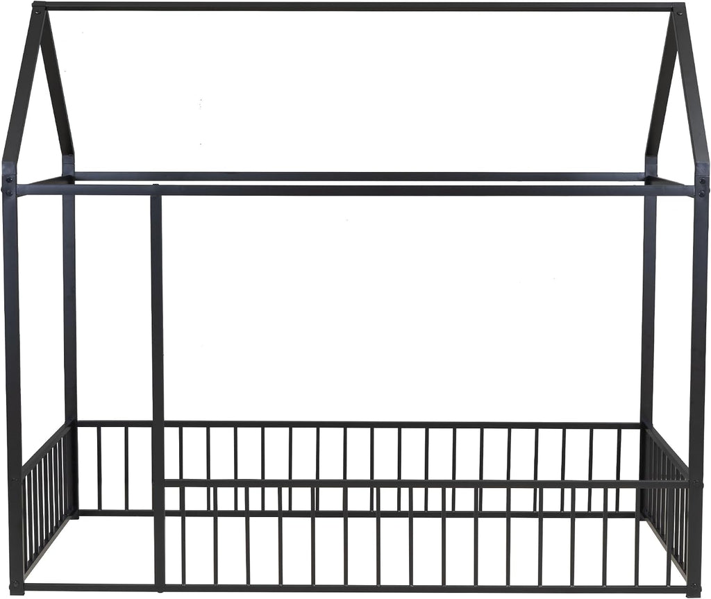 Bellemave Twin Floor Bed Frame, Metal Montessori Floor Bed Twin with Fence for Boys Girls Bedroom Playhouse for Kids No Slat, Easy Assembly House Shaped Floor Beds Black