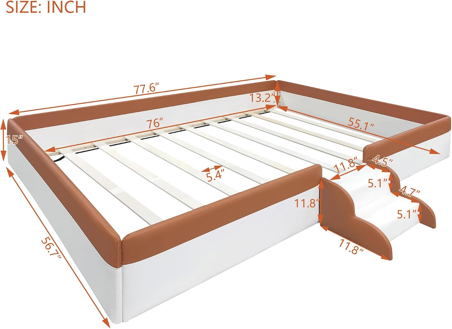VilroCaz Full Size Upholstered Daybed Frame with Fence and Stairs, Montessori Kids Floor Bed with Sturdy Slat Support for Kids Boys Girls (Brown+Full)