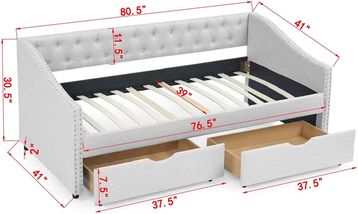 Wood Twin Daybed, Day Bed Frame with 2 Storage Drawers, Upholstered Twin Bed Frame Sofa Couch with Button and Nailhead Design for Bedroom Guest Room, No Box Spring Needed, Beige