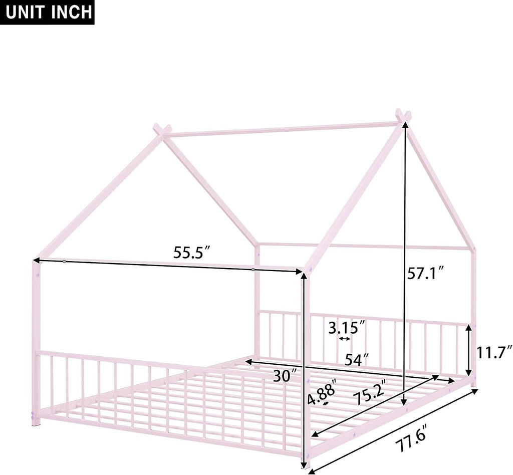 Bellemave Full Floor BedFrame with Slats for Kids, Metal Montessori Floor Beds, Full House Bed for Kids, Pink with roof