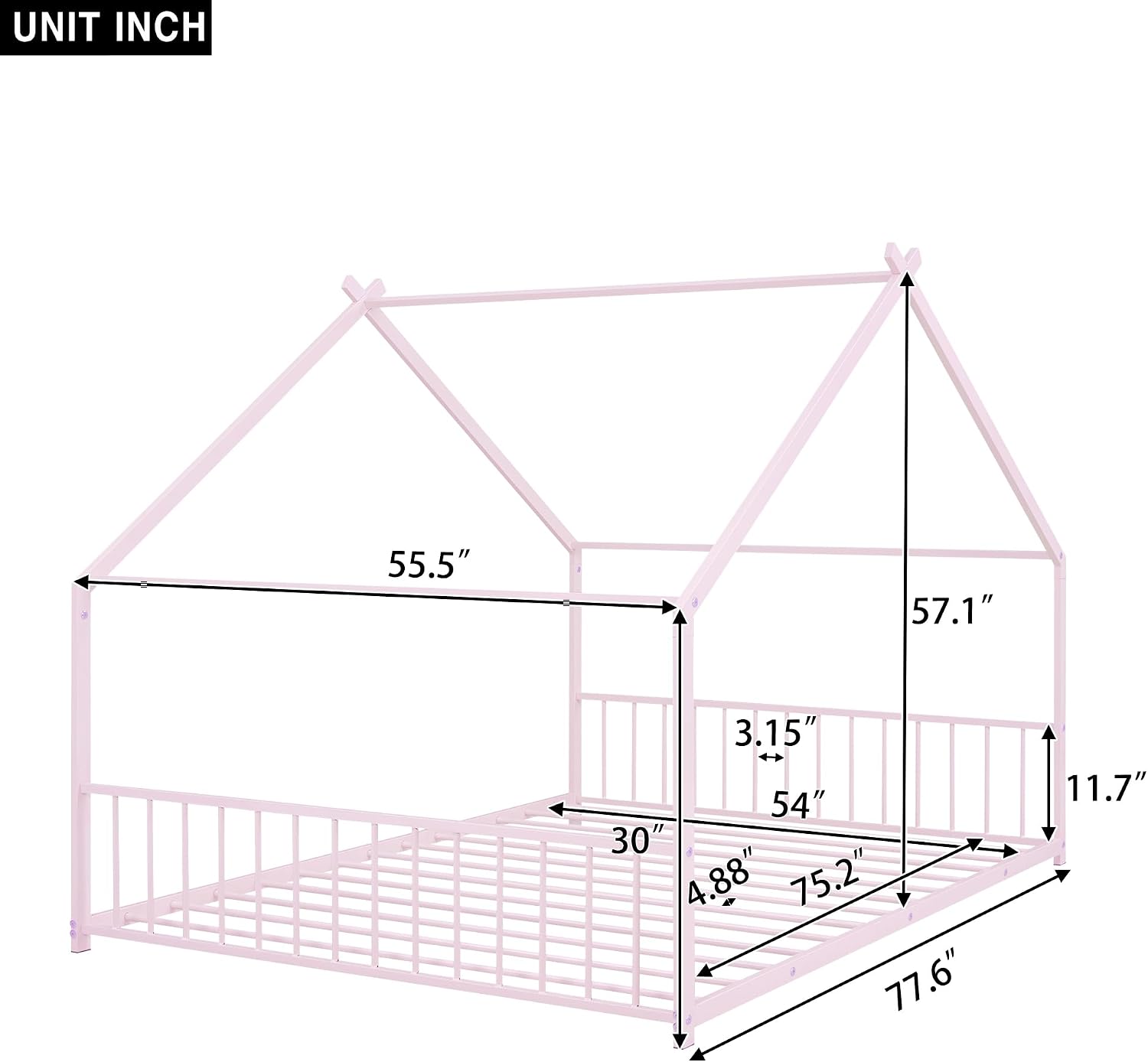 Bellemave Full Floor BedFrame with Slats for Kids, Metal Montessori Floor Beds, Full House Bed for Kids, Pink with roof