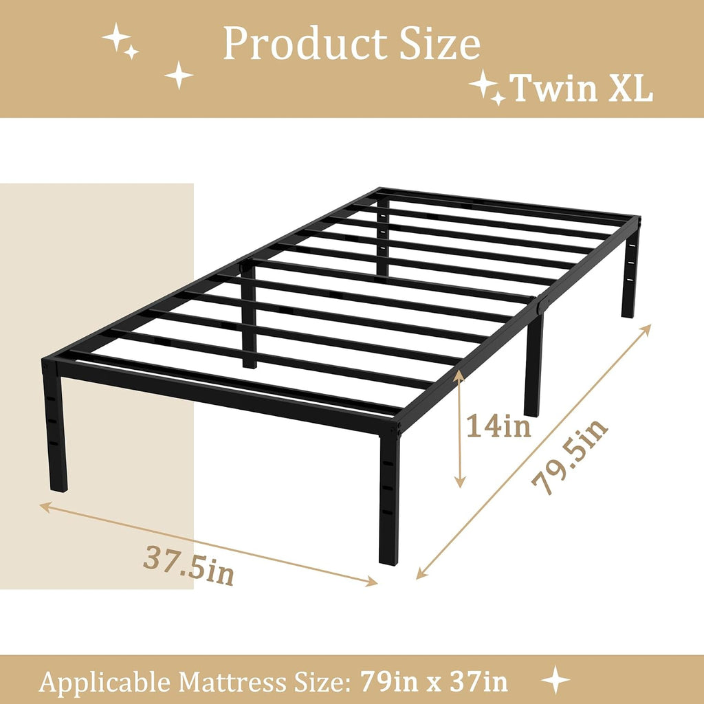 Twin XL 14 Inch Metal Bed Frame with Sturdy, Heavy Duty,Stable Structure,Easy Assembly,Bedroom,Guest Room,No Box Spring Needed, Iron,Child,Black