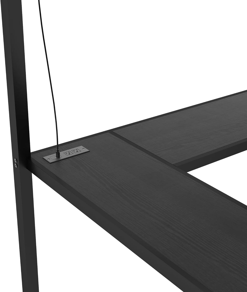 Ball & Cast Twin XL Size High Loft Bed with LED Light Strip & USB,Metal Bedframe W/L-Shape Desk & Built-in Storage Staircase,Wardrobe & Adjustable Shelf,Bedroom Furniture Set for Kid Teen Adult,Black