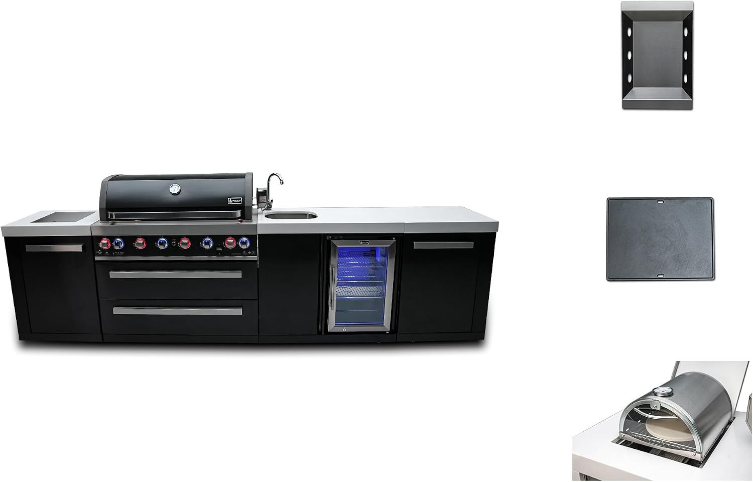 Mont Alpi 132'W Black Stainless Steel Outdoor Kitchen Island with 44'W 6-Burner BBQ Gas Grill + Beverage Center Faucet & Sink + Refrigerator + Side Burner Pizza Oven + Charcoal Tray + Griddle Plate