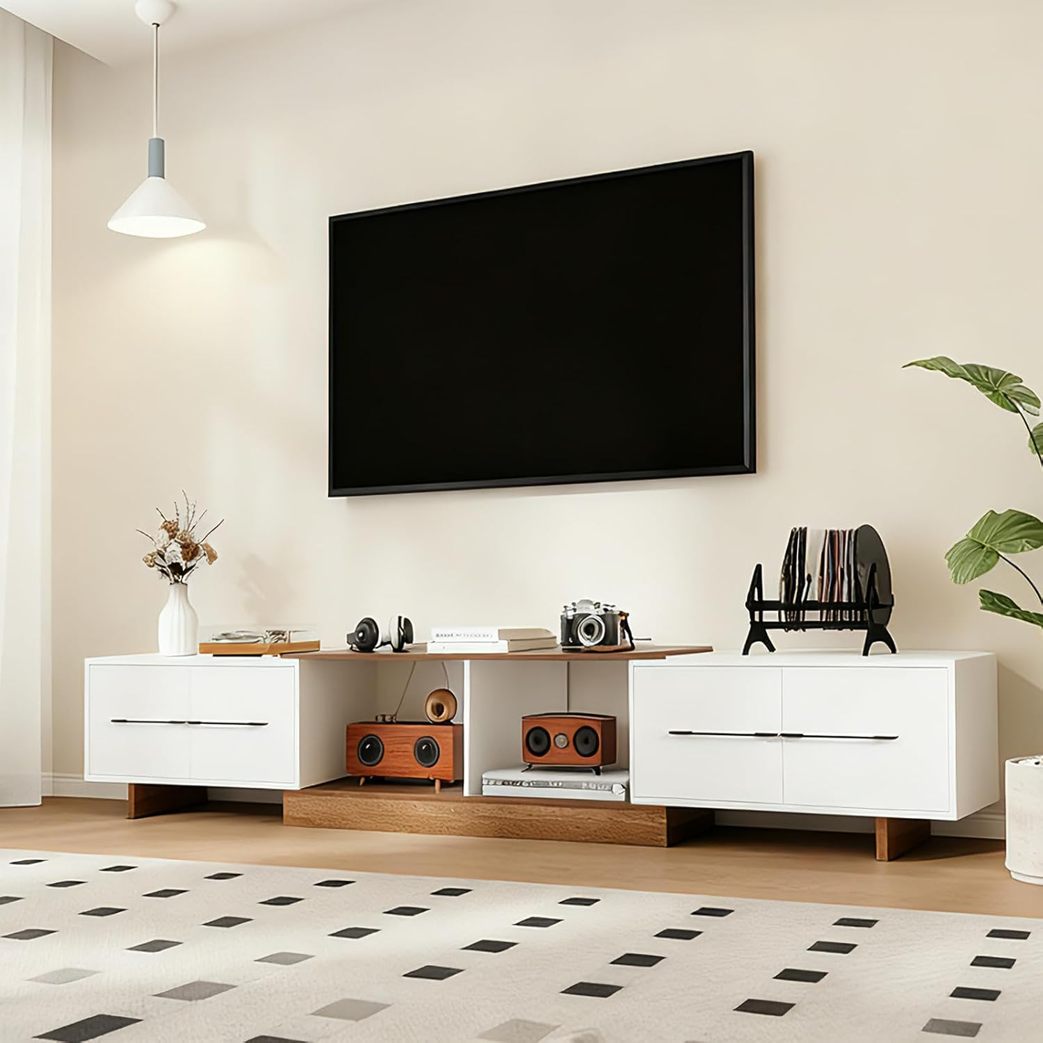 Extendable TV Stand for 55'–120' TVs, Modern Entertainment Center with 4 Drawers, Adjustable Open Shelves & Retractable Design, TV Console for Living Room, Walnut/White