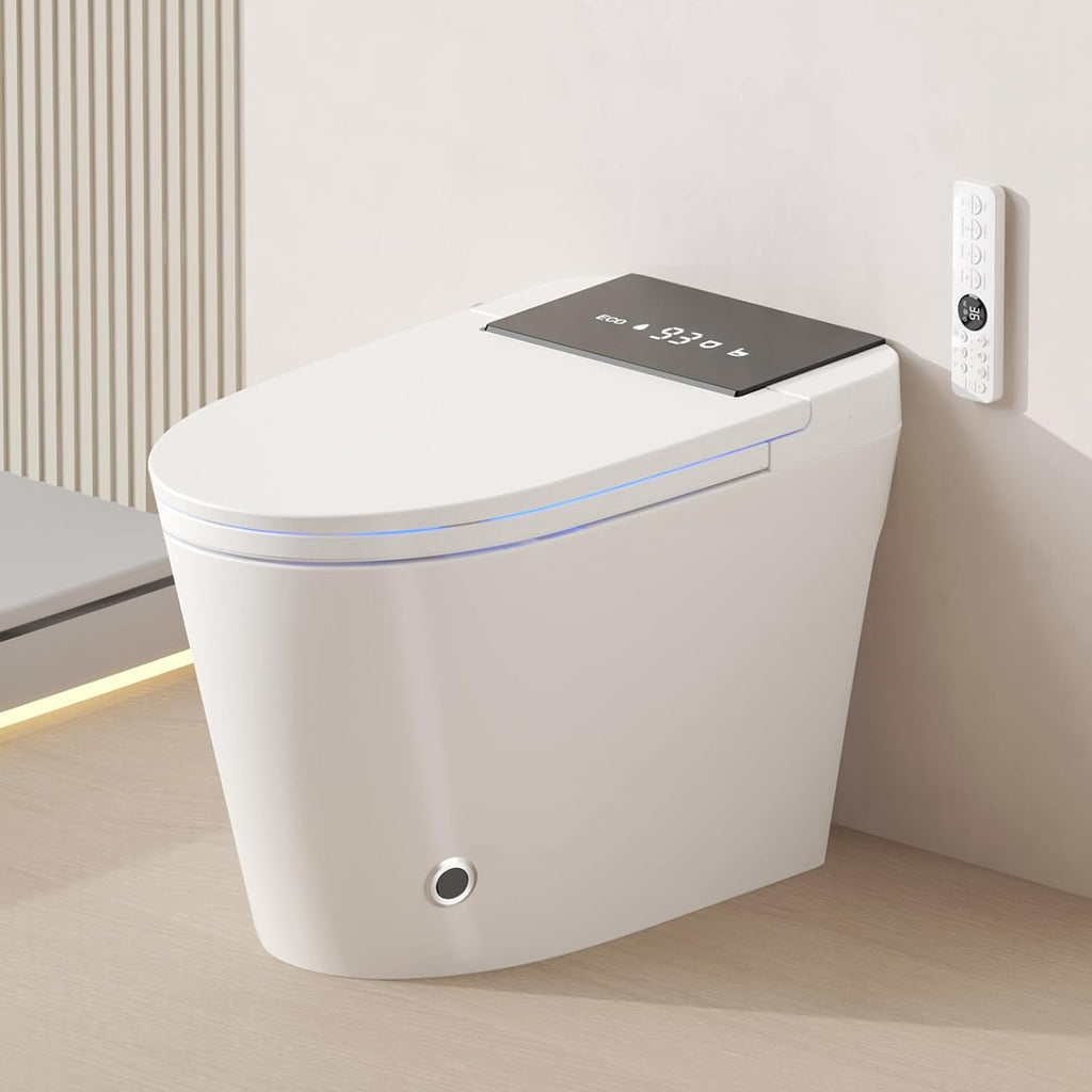 Smart Toilet with Bidet Built-In – Heated Seat, Dual Auto Flush, Tankless Design, Foot Sensor, Warm Water & Dry Function, Modern Elongated Electric, LED Display, 1000g MAP Flush, 1.28 GPF