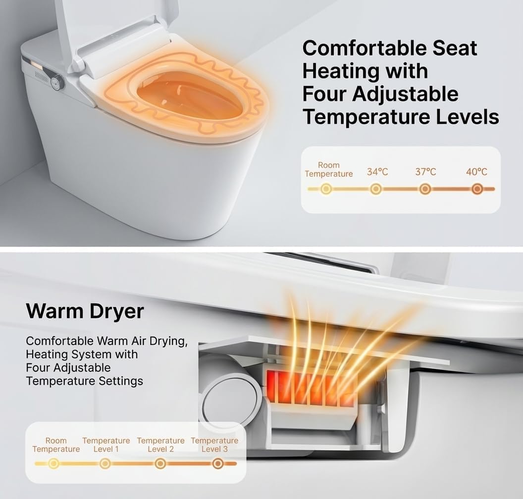 Smart Toilet with Bidet Built in, Heated Seat & Dual Auto Flush, Foot Sensor, Modern Extended Electric Toilet with Water Tank, Warm Water Wash, Air Drying, LED Night Light, Remote, Manual flip cover