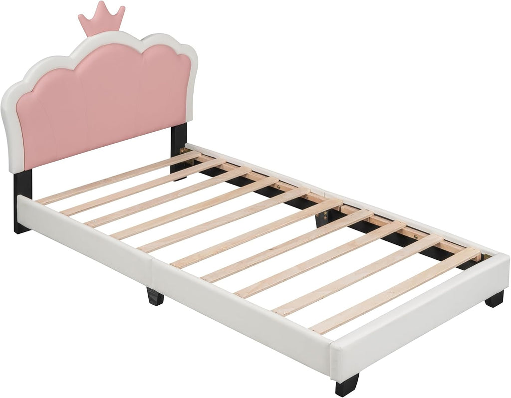 Merax Kids Twin Upholstered Day Bed Frame for Boys Girls, Wood Platform Bed with Crown Headboard, No Box Spring Needed White+Pink
