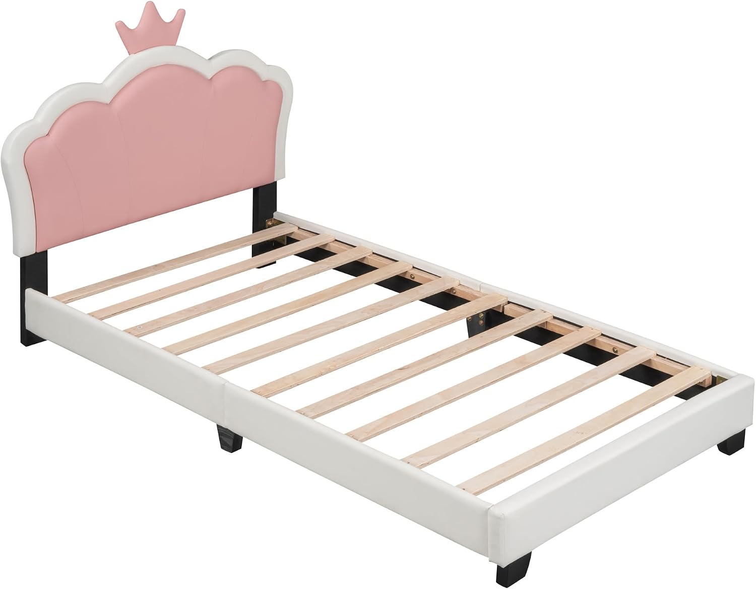 Merax Kids Twin Upholstered Day Bed Frame for Boys Girls, Wood Platform Bed with Crown Headboard, No Box Spring Needed White+Pink