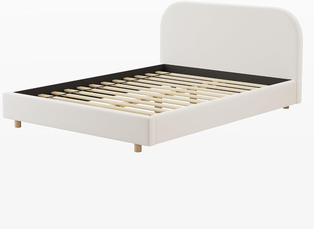 Luxurious Velvet Full Size Upholstered Platform Bed, Modern Solid Bed Frame with Curve-Shaped Design and Thick Headboard for Bedroom, Easy 15-30 min Assembly,Beige