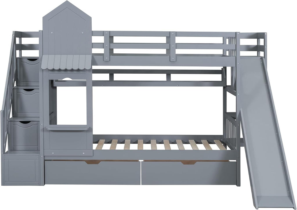 Harper & Bright Designs Kids Bunk Bed with Staircase and Slide, Twin Over Twin Wood Bunk Bed Frame with Storage Drawers & Bookshelf, Castle Style Bunk Beds for Girls, Boys (Gray)
