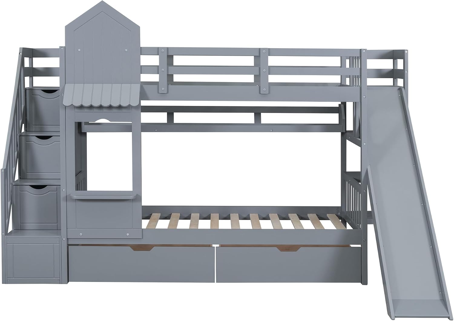 Harper & Bright Designs Kids Bunk Bed with Staircase and Slide, Twin Over Twin Wood Bunk Bed Frame with Storage Drawers & Bookshelf, Castle Style Bunk Beds for Girls, Boys (Gray)