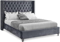 Meridian Furniture Aiden Collection Modern | Contemporary Velvet Upholstered Bed with Deep Button Tufting, Solid Wood Frame, and Custom Chrome Legs, Full, Grey