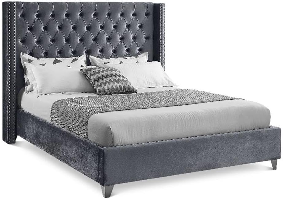Meridian Furniture Aiden Collection Modern | Contemporary Velvet Upholstered Bed with Deep Button Tufting, Solid Wood Frame, and Custom Chrome Legs, Full, Grey