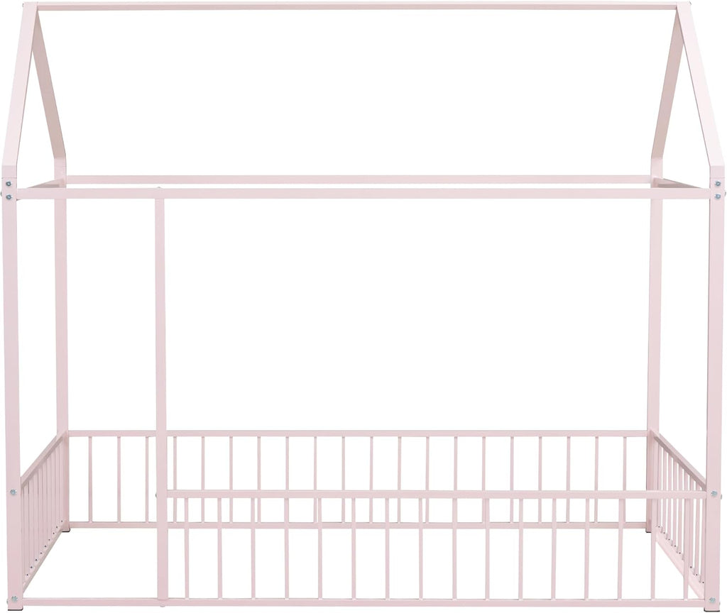 Bellemave Twin Size Montessori Floor Bed, Metal House Bed Frame, House Floor Bed for Kids, with Fence, Playhouse for Kids, Pink with roof
