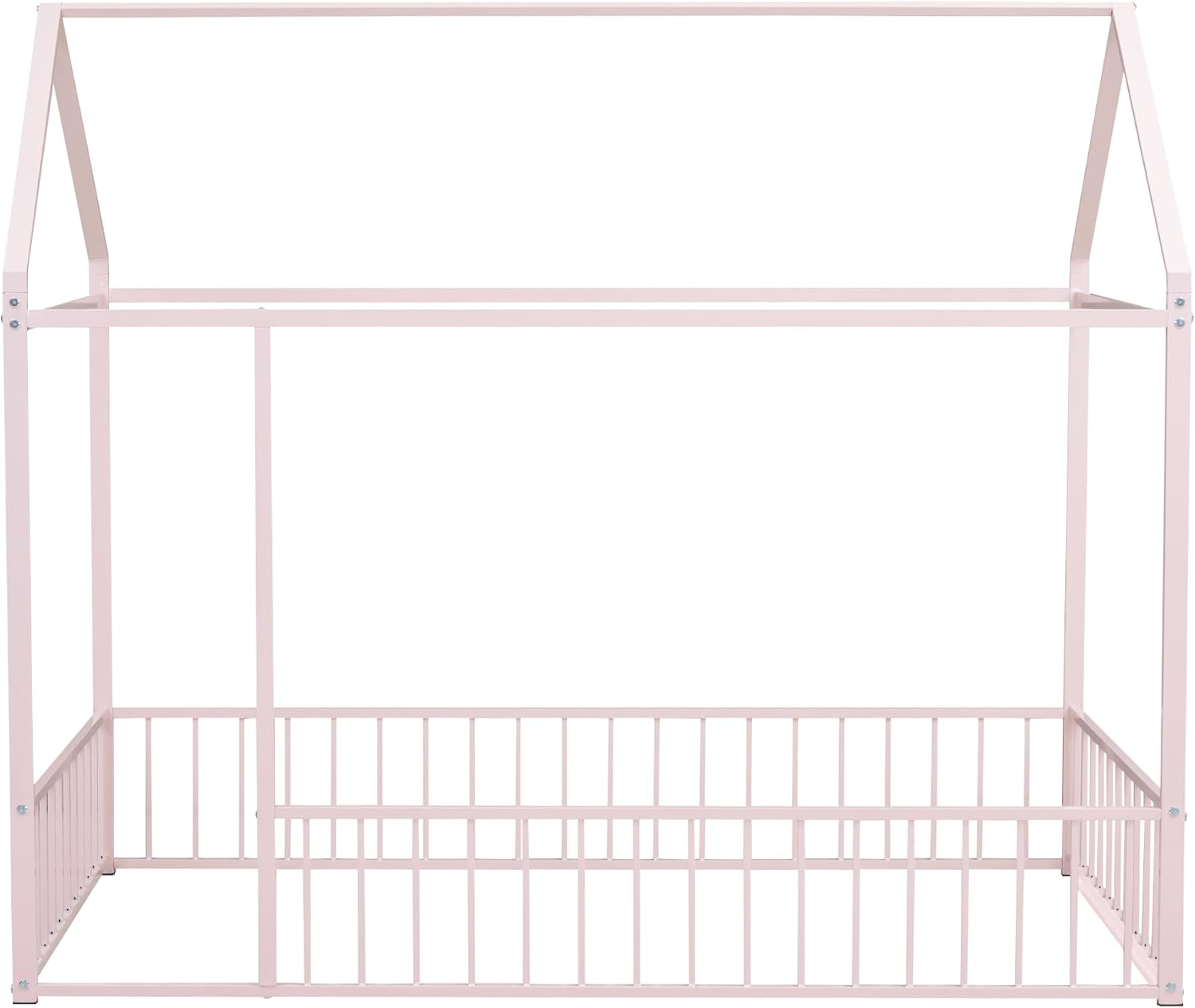 Bellemave Twin Size Montessori Floor Bed, Metal House Bed Frame, House Floor Bed for Kids, with Fence, Playhouse for Kids, Pink with roof