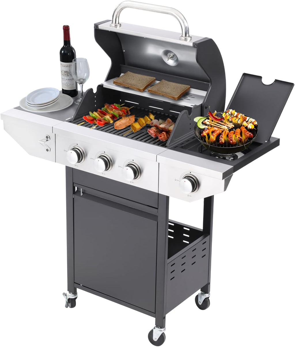 Endark 3-burner Propane Gas Grill | 37,000 BTU Stainless Steel with Side-iFre Function | with Enameled Cast Iron Grate,Thermometer and Side Stand Wheels | Great for Patio and Garden Outdoor Cooking