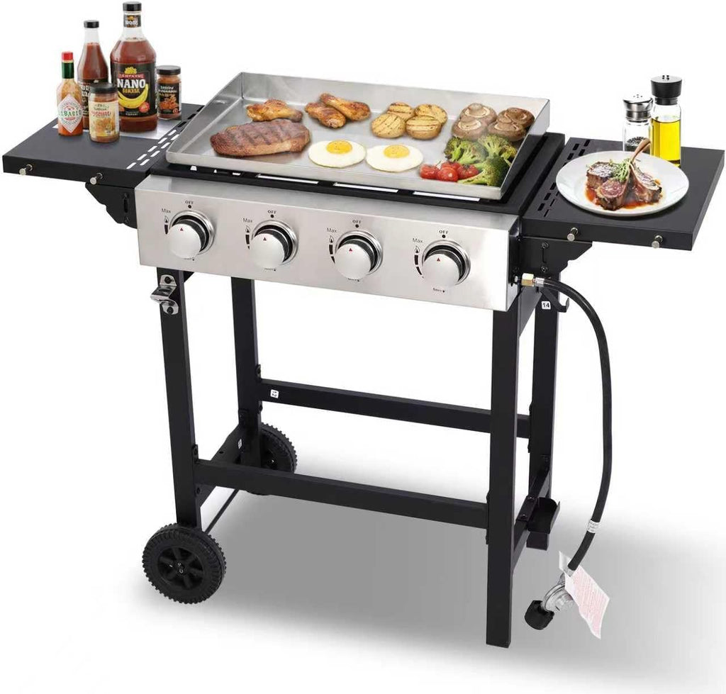 Flat Top Gas Griddle Grill with Stainless Steel Griddle, Includes Dust Cover & Regulator, Perfect for Camping & Tailgating (4-Burner)