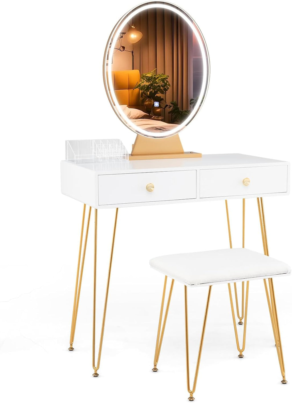 CHARMAID Makeup Vanity Table with Lighted Mirror, Vanity Desk with 2 Large Drawers, Adjustable 3 Lighting Modes, Modern Girls Bedroom Vanity Table with Chair for Small Spaces, White & Gold