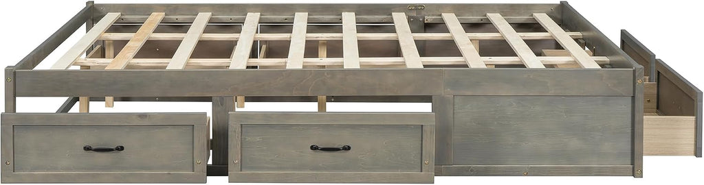 SOFTSEA Queen Size Bed Frame with 6 Storage Drawers, Wood Platform Bed Frame No Headboard with Support Slats, Farmhosue Platform Bed with Drawers, No Box Spring Needed, Easy Assembly, Antique Gray