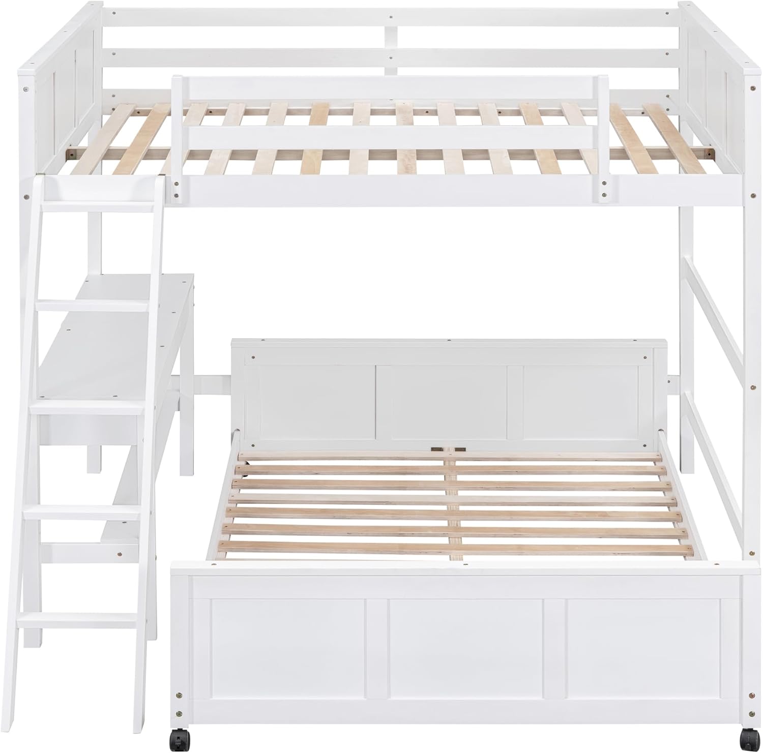 Ball & Cast Full Over Full Bunk Bed with Safty Guardrail & Stairway,Heavy Duty Wood Loft Bedframe W/Desk & Drawers,Easy Assembly,Versatile Functional Bedroom Furniture Set for Boy Girl Teens,White